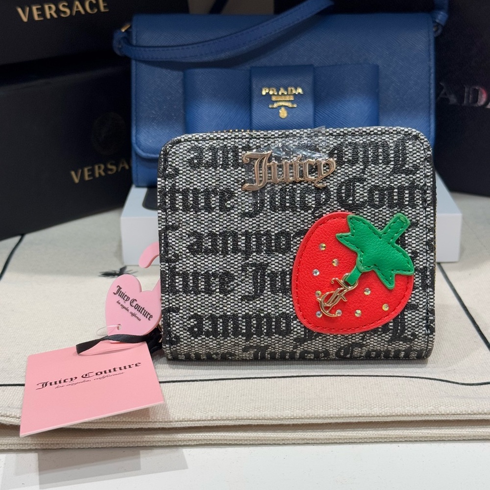 Juicy Couture Freshly Picked Small Zip Around Wallet Strawberry Gray Monogram
